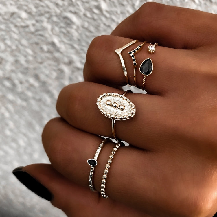 6 PCS Women Bohemian Simple Fashion Embossing Waterdrop With Diamond Rings Set Jewelry, Gold, Silver