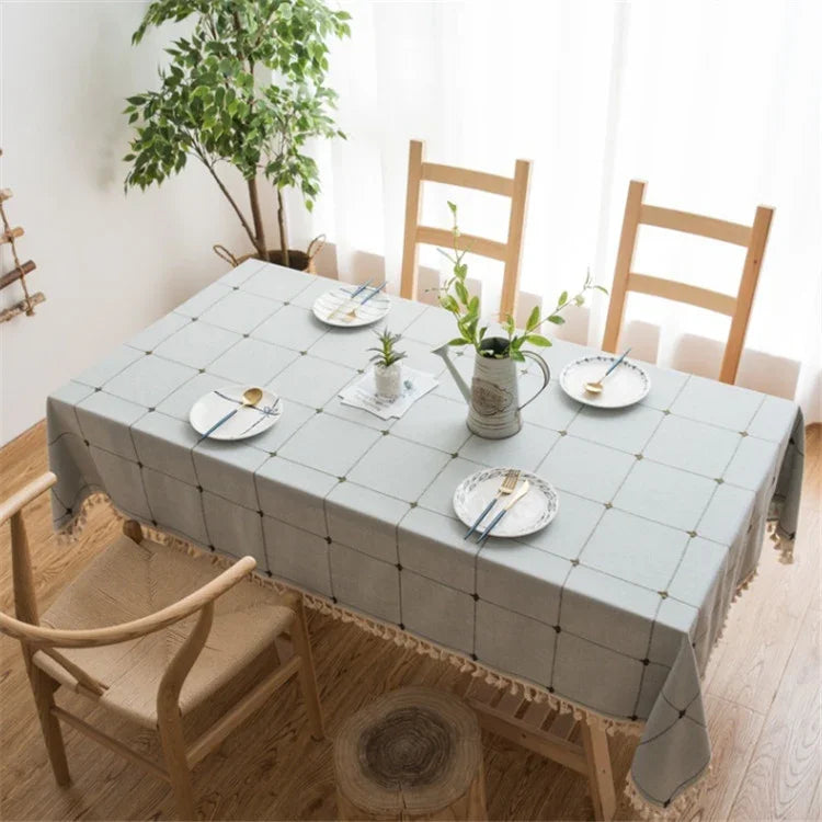 정사각 격자 자수 테이블보 단색 면 린넨 태슬 직사각형 커피 테이블 매트, 60x60cm, 90x90cm, 90x140cm, 110x110cm, 100x160cm, 110x170cm, 140x140cm, 140x180cm, 140x200cm