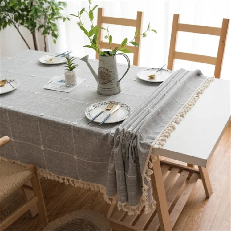 정사각 격자 자수 테이블보 단색 면 린넨 태슬 직사각형 커피 테이블 매트, 140x220cm, 140x240cm, 140x260cm, 140x300cm