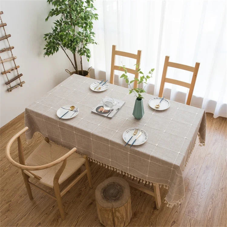 정사각 격자 자수 테이블보 단색 면 린넨 태슬 직사각형 커피 테이블 매트, 140x220cm, 140x240cm, 140x260cm, 140x300cm