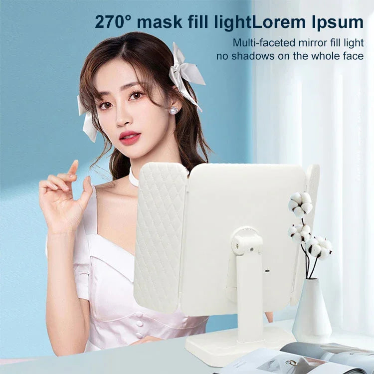 심플 & 스타일리시 LED 3단 접이식 사각 메이크업 거울, 플러그인 단색 램프, 충전식 모델 단색 램프, 충전식 모델 3색 조명