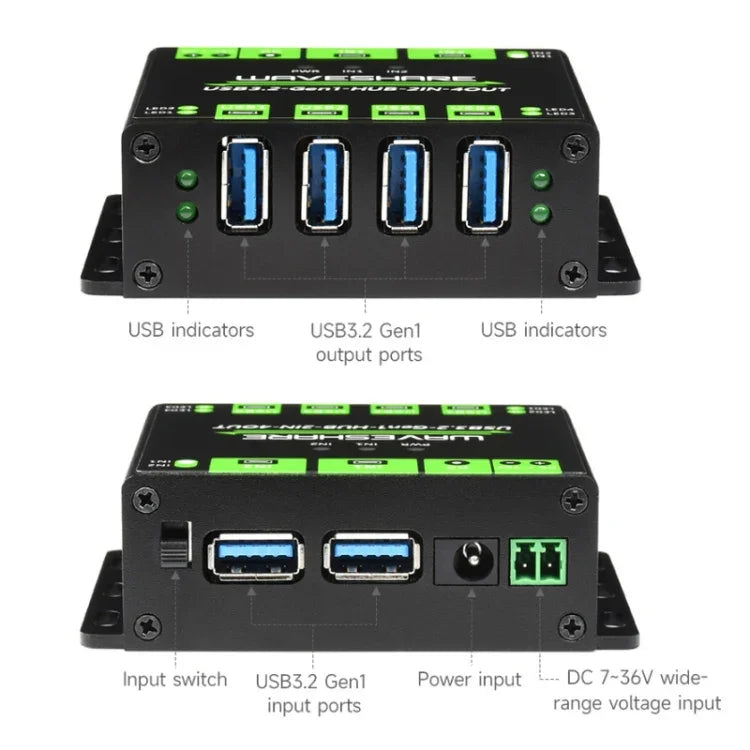 Waveshare 23929 USB 허브, 4 x USB 3.2 포트 확장, 스위치 가능한 듀얼 호스트, 다중 보호, 23929