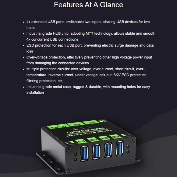 Waveshare 23929 USB 허브, 4 x USB 3.2 포트 확장, 스위치 가능한 듀얼 호스트, 다중 보호, 23929
