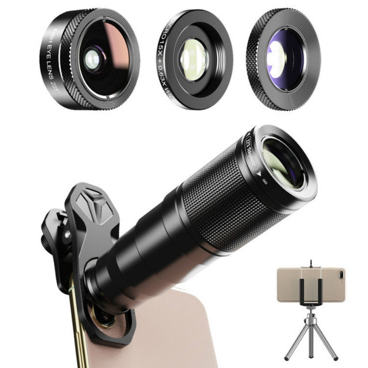APEXEL APL-22X105 4 in 1 메탈 22X 망원 + 어안 + 광각 + 매크로 별빛 편광 범용 외장 휴대폰 렌즈 세트