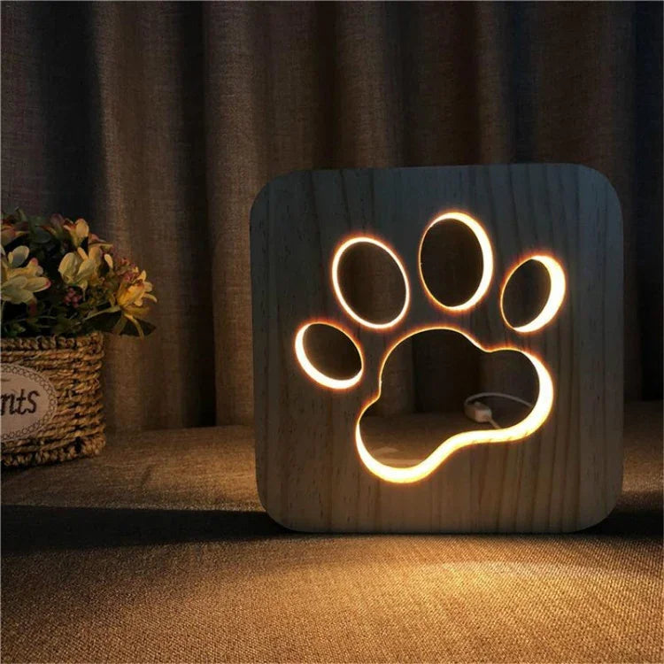 창의적인 모양의 원목 무드등 침실 장식 따뜻한 빛 LED, 뼈다귀, 고양이 발바닥, 개, 늑대