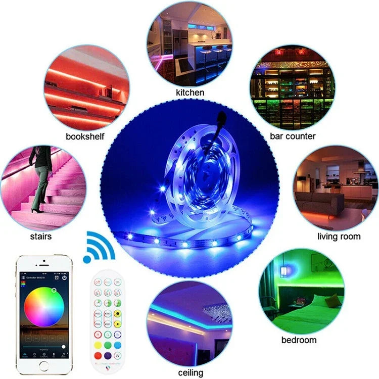 블루투스 수트 스마트 음악 사운드 제어 조명 스트립 비방수 5050 RGB 다채로운 분위기 LED 조명 스트립 24키 리모컨 포함, 5M 150개 LED, 5M 300개 LED, 10M 300개 LED, 10M 600개 LED, 15M 450개 LED, 15M 270개 LED, 20M 360개 LED, 30M 540개 LED