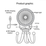 미니 문어 야간 조명 선풍기, 어린이 귀여운 아기 유모차 휴대용 USB 충전 선풍기, 무작위 스타일 색상 배송