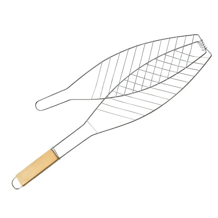 크롬 도금 나무 손잡이 단일 생선 바비큐 그물 클립 야외 구운 생선 클립 바비큐 도구