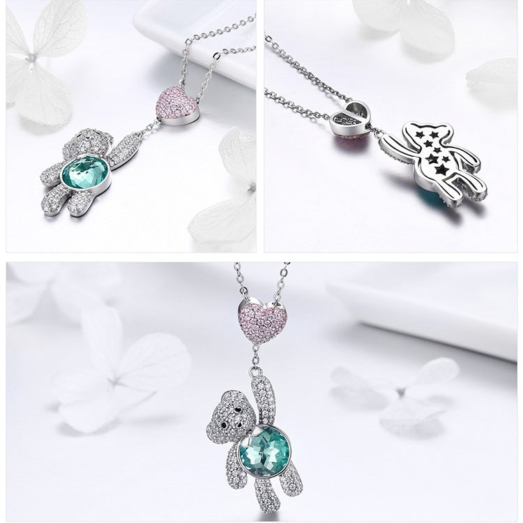 Cute Bear S925 Sterling Silver Rose Gold Plated Zircon Necklace, SCN271