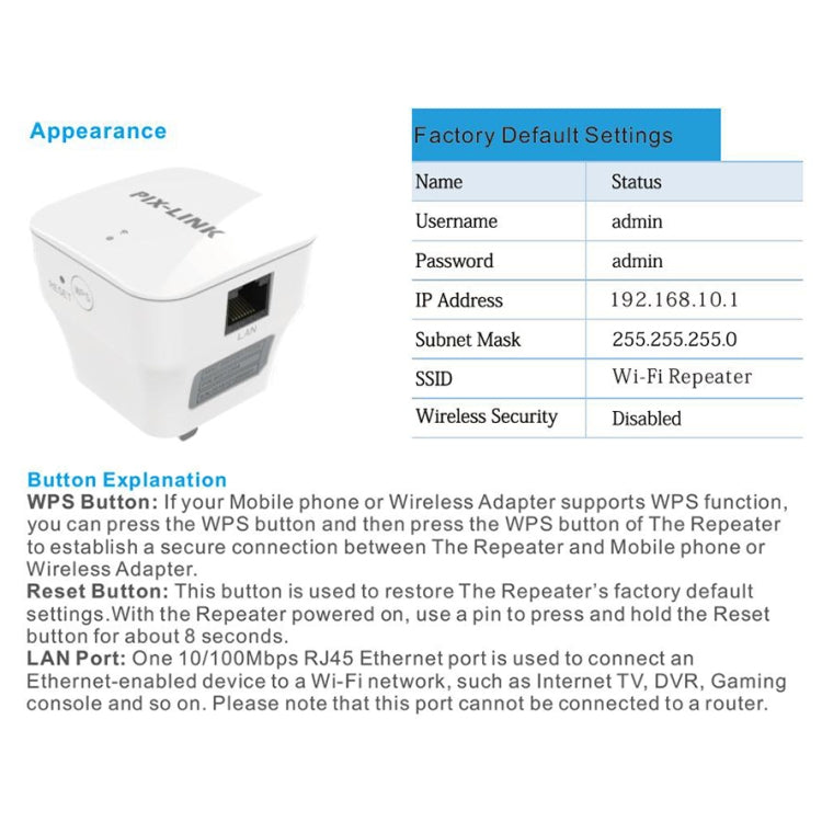PIXLINK WR12 300Mbps WIFI 신호 증폭 강화 리피터, EU 플러그, UK 플러그, US 플러그, AU 플러그
