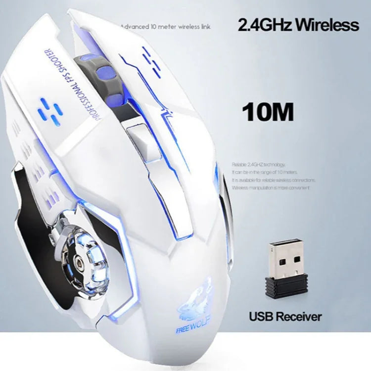 FREEDOM-WOLF X8 2400 DPI 6 Keys 2.4G Wireless Charging Silent Luminous Gaming Mechanical Mouse, X8 Black, X8 Metal Grey, X8 Star Black