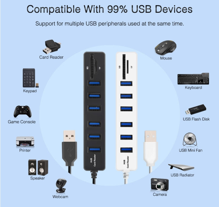 다중 USB 2.0 허브 USB 분배기 고속 6포트 TF SD 카드 리더기 포함