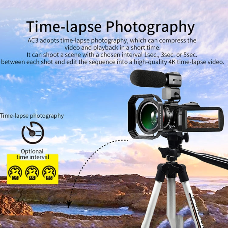 ORDRO AC3 3.1인치 IPS 스크린 4K 풀 HD 13MP 야간 시야 WiFi 라이브 캠코더 DV 디지털 카메라, 표준, 표준 + 마이크, 표준 + 마이크 + 핸드헬드 스탠드, 표준 + 마이크 + 보조 조명