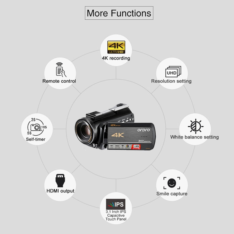 ORDRO AC5 4K HD 야간 시야 WiFi 12배 광학 줌 디지털 비디오 DV 카메라 캠코더, 표준, 표준 + 마이크, 표준 + 마이크 + 핸드헬드 스탠드, 표준 + 마이크 + 보조 조명