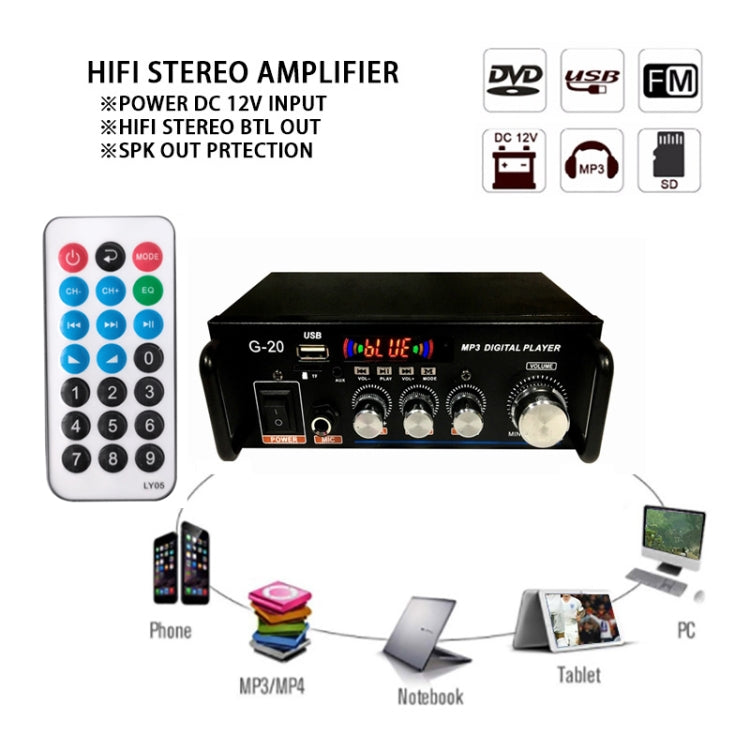 G20 스마트 디지털 파워 앰프 내장 블루투스 / USB / SD / FM 파워 앰프, EU 플러그