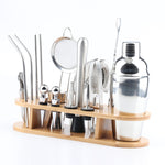 18 in 1 스테인리스 스틸 칵테일 셰이커 세트, 타원형 대나무 받침대, 바 도구 세트, 350ml, 550ml, 750ml