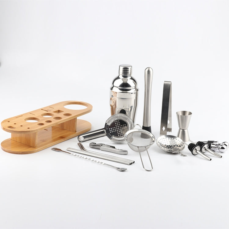 18 in 1 스테인리스 스틸 칵테일 셰이커 세트, 타원형 대나무 받침대, 바 도구 세트, 350ml, 550ml, 750ml