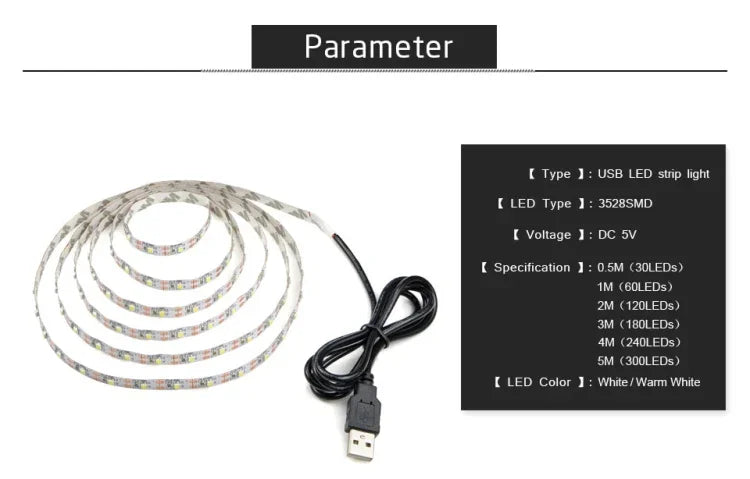 USB 전원 SMD 2835 에폭시 LED 스트립 조명 크리스마스 책상 장식 램프 TV 배경 조명용, 1m, 5m