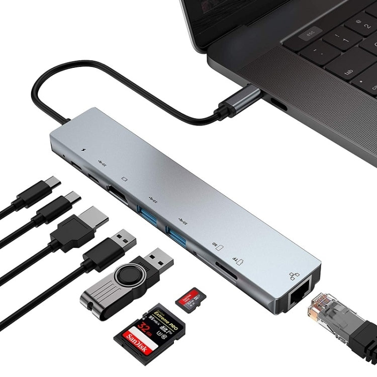 WC7367 8-in-1 87W Type-C to PD+USB3.0/USB2.0+SD+TF+HDMI+RJ45+Type-C 도킹 스테이션 허브, WC7367
