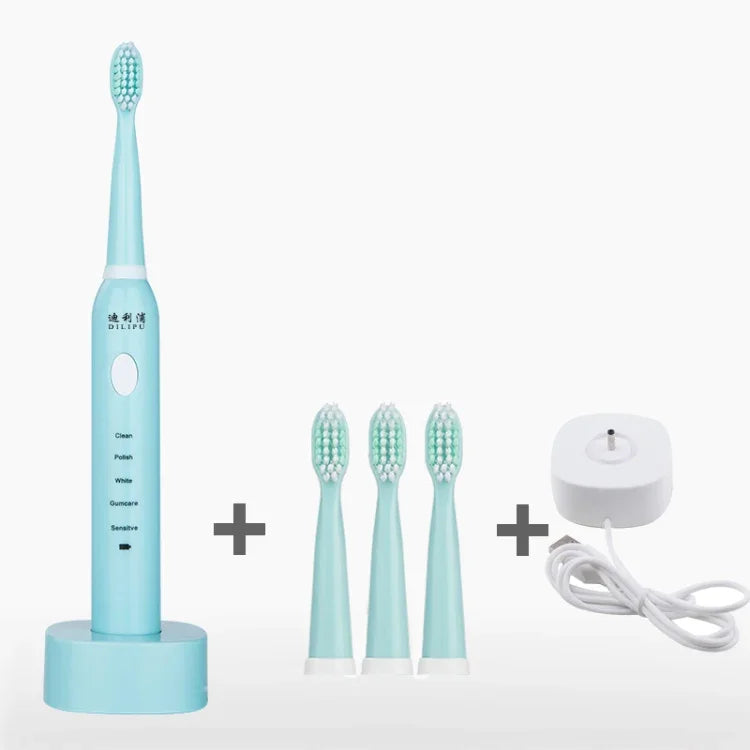 DELIPU 전동 칫솔 충전식 소닉 5단계 조절 어린이 성인 가정용 방수 부드러운 모 화이트닝 칫솔, USB 충전 케이블 (블루), USB 충전 케이블 (화이트), USB 충전 스탠드 (블루), USB 충전 스탠드(핑크)
