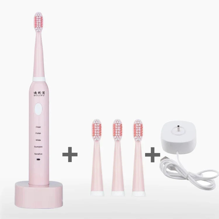 DELIPU 전동 칫솔 충전식 소닉 5단계 조절 어린이 성인 가정용 방수 부드러운 모 화이트닝 칫솔, USB 충전 케이블 (블루), USB 충전 케이블 (화이트), USB 충전 스탠드 (블루), USB 충전 스탠드(핑크)