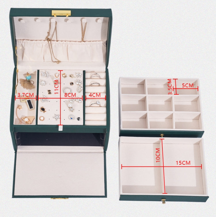 Three-Layer Leather Drawer Type Jewelry Storage Box Earrings Box With Lock, Three-Layer (Navy Blue), Three-Layer (Creamy White), Three-Layer (Dark Green)