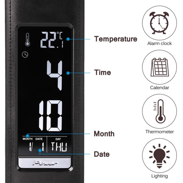 U2 5W 3단계 조광 LED 가죽 질감 데스크 램프 온도/시계/달력 표시, 블랙
