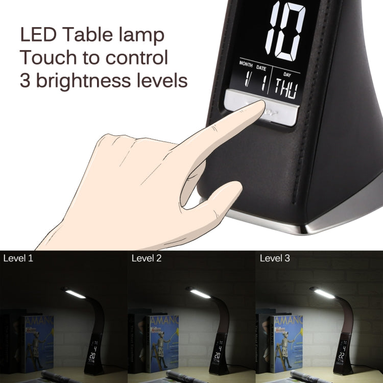 U2 5W 3단계 조광 LED 가죽 질감 데스크 램프 온도/시계/달력 표시, 블랙