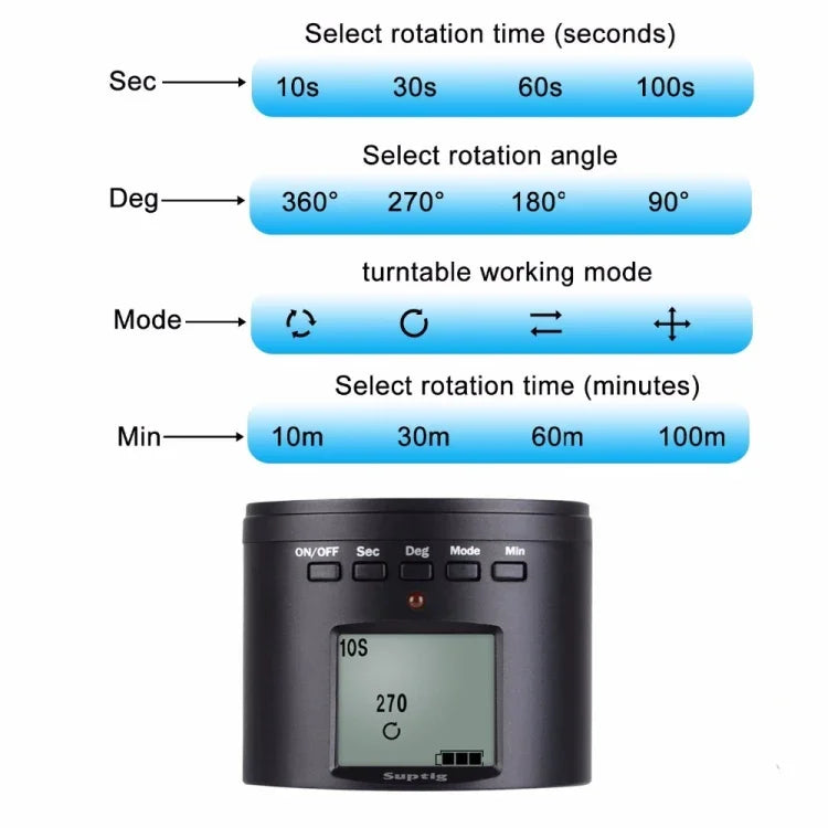 Suptig RSX-350 360도 파노라마 헤드 전동 타임랩스 안정화 삼각대 어댑터 턴테이블 마운트 GoPro HERO9 /8 /7 /6 /5 /5 세션 /4 세션 /4 /3+ /3 /2 /1, Xiaoyi 및 기타 액션 카메라용