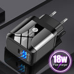 18W PD + QC 3.0 고속 충전 여행용 충전기 전원 어댑터 LED 표시 기능 포함, EU 플러그 블랙, US 플러그 블랙, UK 플러그 블랙, EU 플러그 화이트, US 플러그 화이트, UK 플러그 화이트