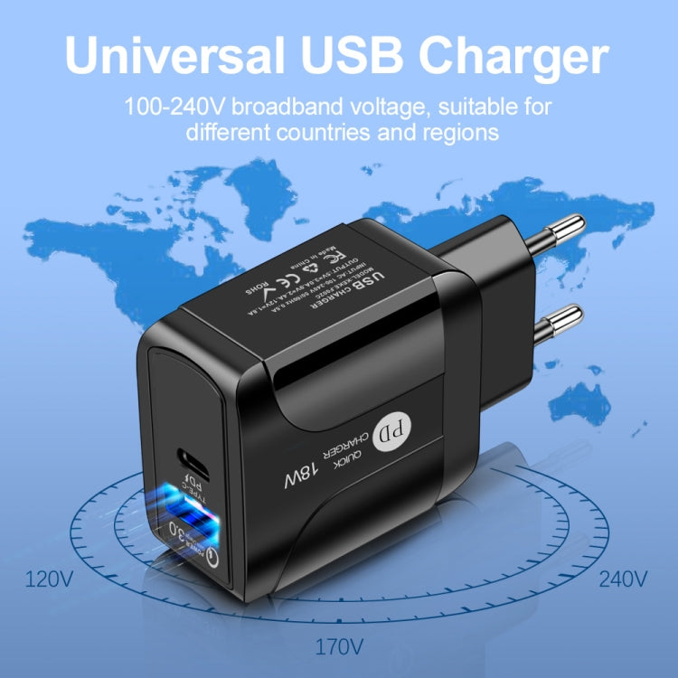 18W PD + QC 3.0 고속 충전 여행용 충전기 전원 어댑터 LED 표시 기능 포함, EU 플러그 블랙, US 플러그 블랙, UK 플러그 블랙, EU 플러그 화이트, US 플러그 화이트, UK 플러그 화이트