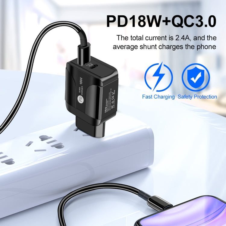 18W PD + QC 3.0 고속 충전 여행용 충전기 전원 어댑터 LED 표시 기능 포함, EU 플러그 블랙, US 플러그 블랙, UK 플러그 블랙, EU 플러그 화이트, US 플러그 화이트, UK 플러그 화이트