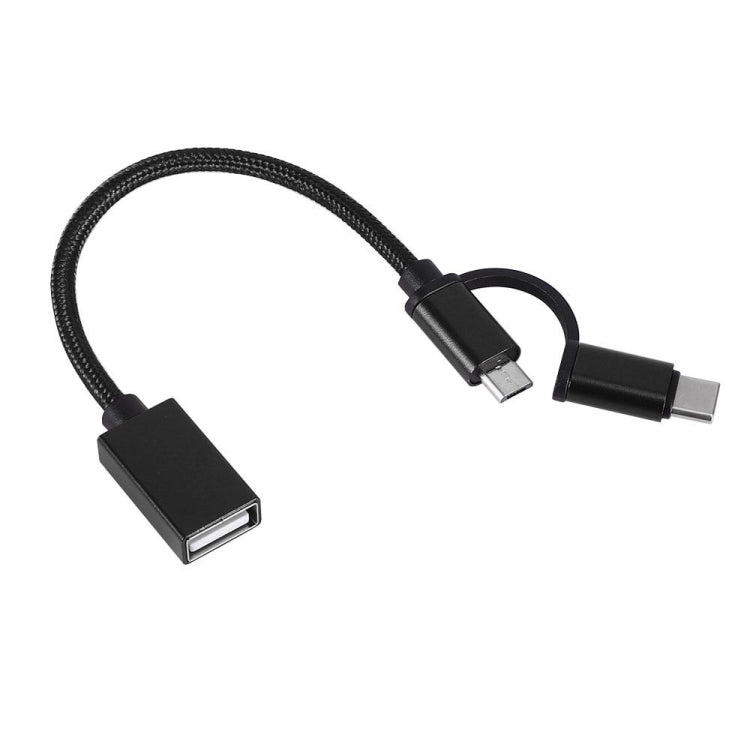USB 3.0 암컷 to 마이크로 USB + USB-C / 타입-C 수컷 충전 + 전송 OTG 나일론 꼬임 어댑터 케이블, 케이블 길이: 19cm, 골드, 실버, 블랙, 핑크, 블루, 레드