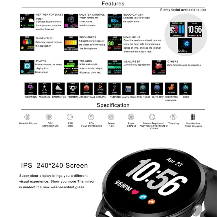 V11 스마트워치 실시간 심박수 혈압 모니터 다중 스포츠 모드 호흡등 스마트워치 안드로이드 IOS 휴대폰용