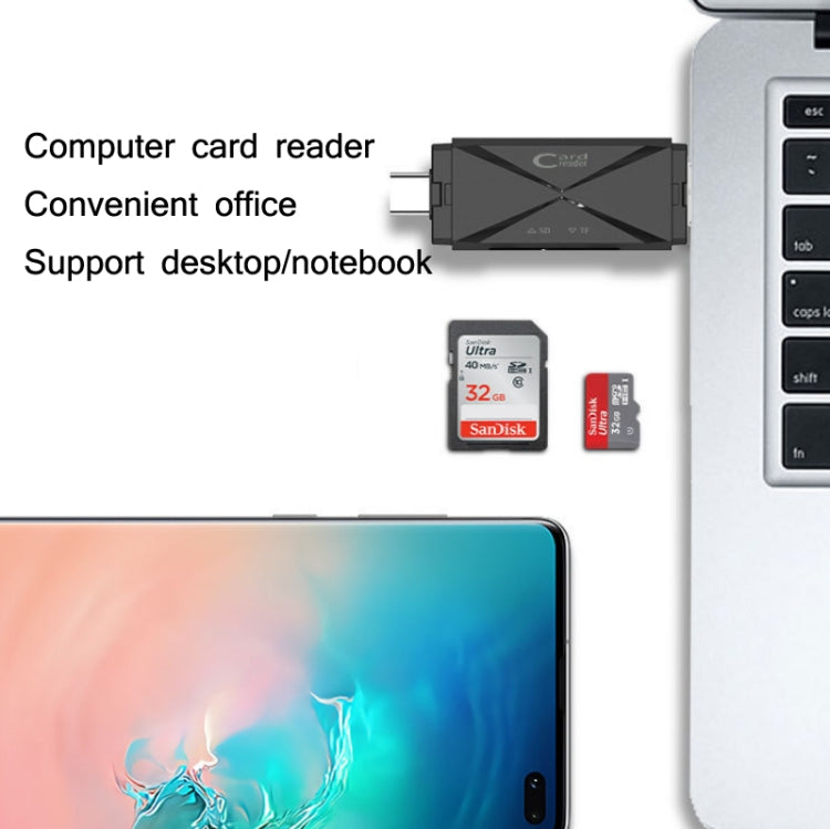 YH-109 SD/TF/Type-C/Micro USB/USB 컴퓨터 PC 모바일폰 OTG 카드 리더기, 화이트, 블랙