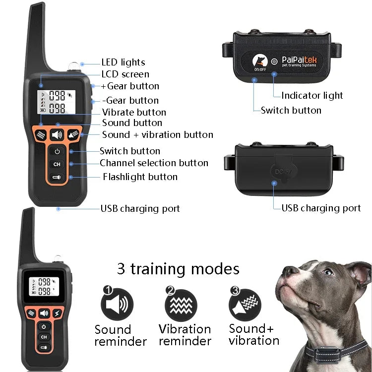 PaiPaitek PD529V-1 훈련용 개 짖음 방지 장치 진동 목걸이 1000M 원격 제어 거리 반려동물 훈련 용품, PD529V-1