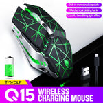 T-WOLF Q15 6버튼 1600 DPI 무선 충전식 무음 오피스 게이밍 마우스 7컬러 브리딩 라이트, 테크놀로지 블랙, 스타즈 블랙, 펄 화이트