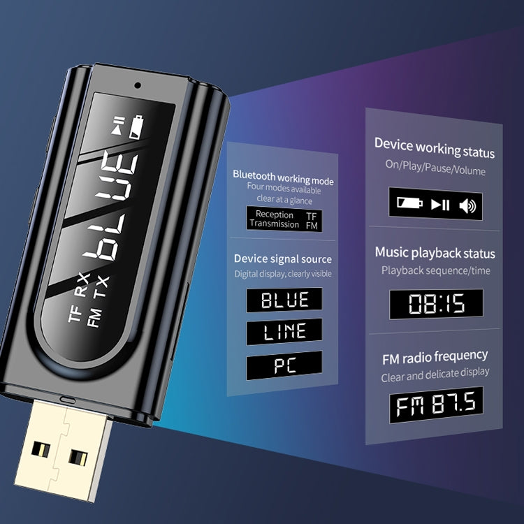USB 차량용 블루투스 5.0 어댑터 수신기 FM + AUX 오디오 듀얼 출력 스테레오 송신기, K9 블랙