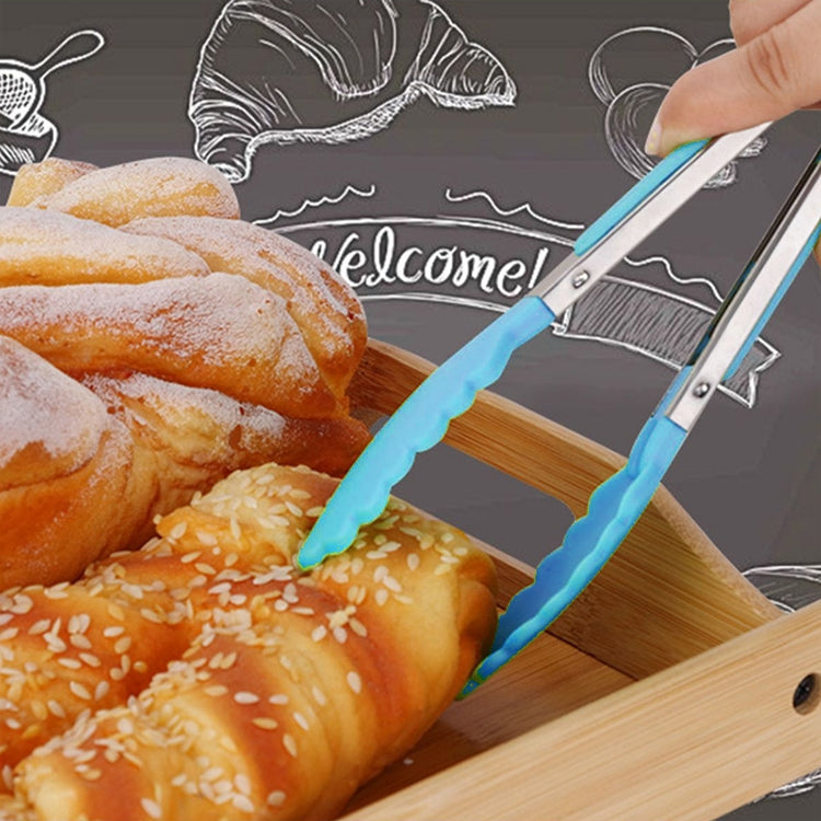 주방 실리콘 요리 샐러드 스테인리스 스틸 손잡이 음식 집게, 스틸 손잡이 음식 집게(블루)