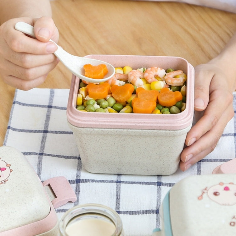 밀짚 휴대용 3단 도시락 전자레인지 사용 가능, 파랑, 분홍
