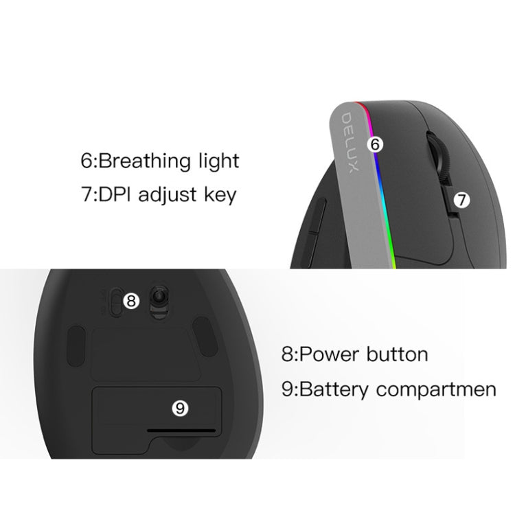 DELUX M618C 6키 1600 DPI RGB 수직 무선 블루투스 듀얼 모드 마우스, M618C(화이트), M618C(블랙)
