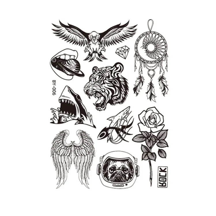 10개 세트 어두운 형광 색상 변환 동물 발광 꽃 팔 방수 성인 타투 스티커, BY-001, BY-002, BY-003, BY-004, BY-005, BY-006, BY-007, BY-008