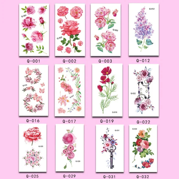 50개 문학적 소형 신선한 꽃 타투 스티커 장미 방수 지속형 팔 스티커, Q-001, Q-002, Q-003, Q-012, Q-016, Q-017, Q-019, Q-022, Q-025, Q-029, Q-031, Q-032