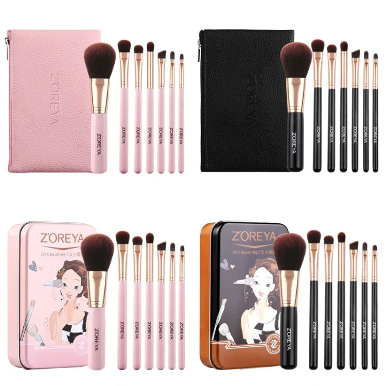 ZOREYA ZS744 7-in-1 메이크업 브러시 세트 뷰티 도구 브러시, 핑크 + 가방, 블랙 + 가방, 핑크 + 철제 상자, 블랙 + 철제 상자