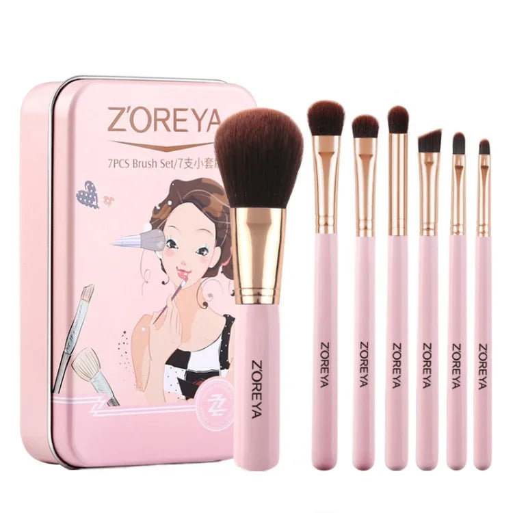 ZOREYA ZS744 7-in-1 메이크업 브러시 세트 뷰티 도구 브러시, 핑크 + 가방, 블랙 + 가방, 핑크 + 철제 상자, 블랙 + 철제 상자