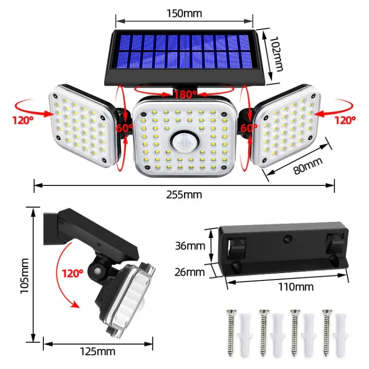 태양광 3헤드 회전 벽등 인체 감지 야외 방수 정원 가로등, 112 LED, 138 LED, 132 COB