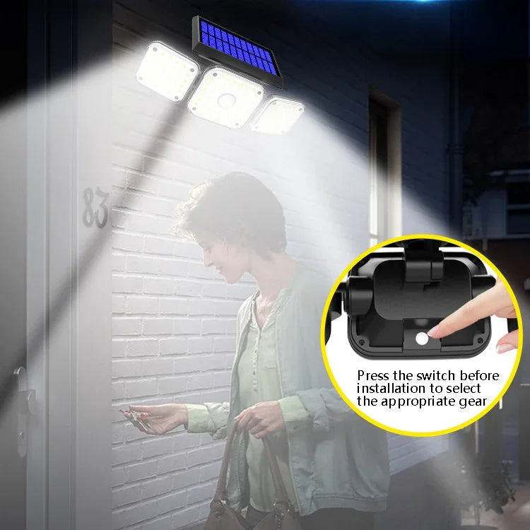 태양광 3헤드 회전 벽등 인체 감지 야외 방수 정원 가로등, 112 LED, 138 LED, 132 COB