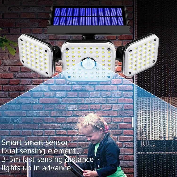 태양광 3헤드 회전 벽등 인체 감지 야외 방수 정원 가로등, 112 LED, 138 LED, 132 COB