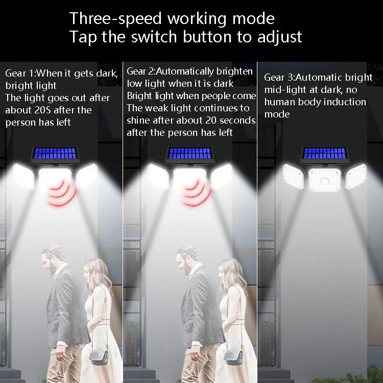 태양광 3헤드 회전 벽등 인체 감지 야외 방수 정원 가로등, 112 LED, 138 LED, 132 COB