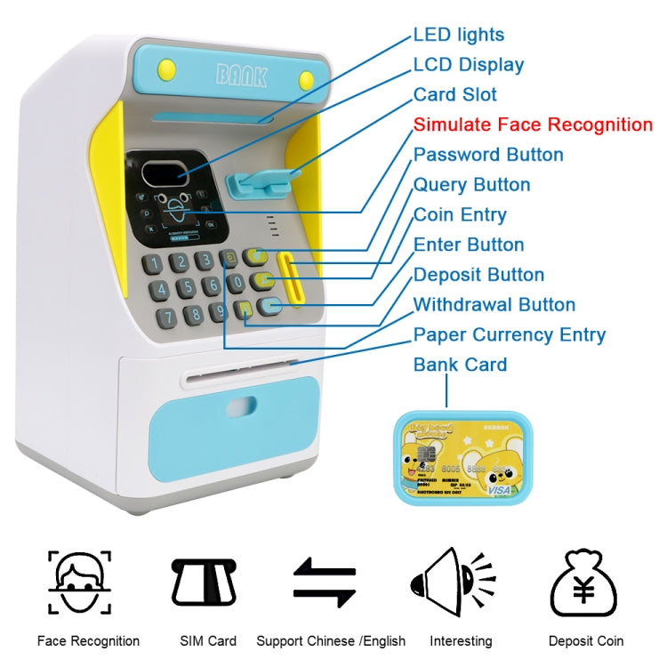 8010 시뮬레이션 얼굴 인식 ATM 기계 돼지 저금통 비밀번호 자동 롤링 머니 금고 돼지 저금통, 스타일:, 핑크, 블루, 충전식 버전 핑크, 충전식 버전 블루